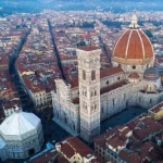 Aerial view of the Santa Maria del Fiore Cathedral in Florence, Giotto's Bell Tower, Brunelleschi's Dome and the Baptistery of San Giovanni.