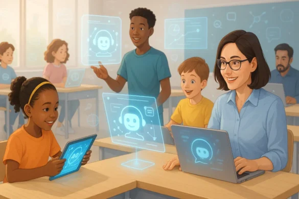 Classe moderna con studenti e insegnanti che utilizzano tablet e laptop per l'apprendimento. Gli schermi mostrano interfacce di app didattiche basate su intelligenza artificiale, con chatbot e grafici interattivi. L'insegnante supervisiona mentre gli studenti interagiscono con le tecnologie AI, evidenziando il ruolo delle app educative nel supportare percorsi di apprendimento personalizzati per diverse età.