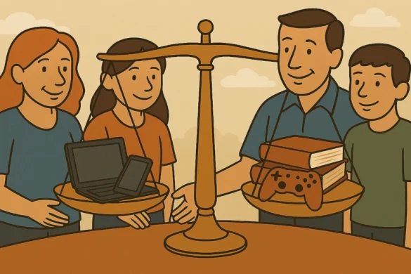 Creare una dieta mediale equilibrata per tutta la famiglia'. Una scena vivace mostra una famiglia che bilancia le attività digitali e offline: da un lato, tablet e videogiochi, dall'altro libri e giochi all'aperto, con colori armonizzati per evidenziare la connessione tra tecnologia e intrattenimento tradizionale.