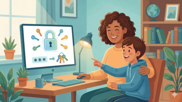 Genitore e bambino creano insieme password sicure al computer - Guida pratica famiglie 2025