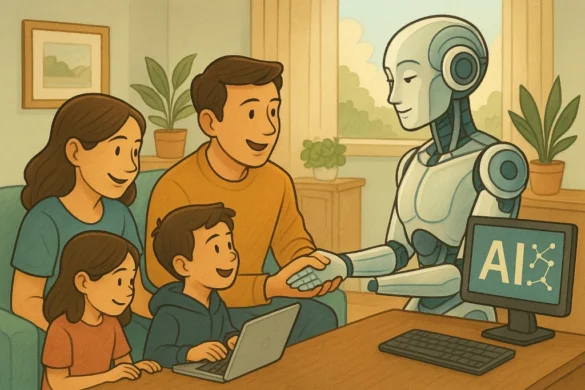 Immagine in formato landscape per il blog 'Cos'è l'Intelligenza Artificiale: guida per famiglie nel mondo digitale'. Scena rilassante che raffigura persone in ambienti quotidiani supportate dall’AI: suggerimenti automatizzati per l’organizzazione domestica, assistenza digitale intuitiva e interazioni armoniose con dispositivi intelligenti, creando un'atmosfera di benessere e innovazione.