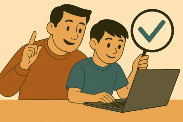 figlio e genitore che imparano a verificare i fatti letti in rete
